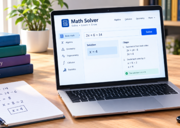 Math solver AI calculator showing a step-by-step equation solution on a laptop