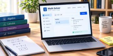 Math solver AI calculator showing a step-by-step equation solution on a laptop