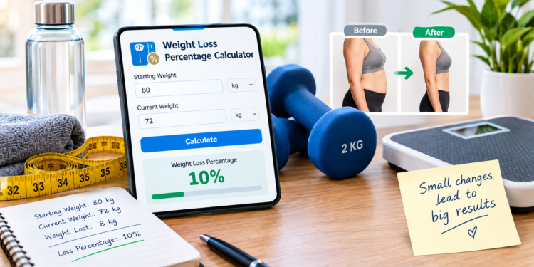 Weight Loss Percentage Calculator showing 10 percent weight loss from 80 kg to 72 kg